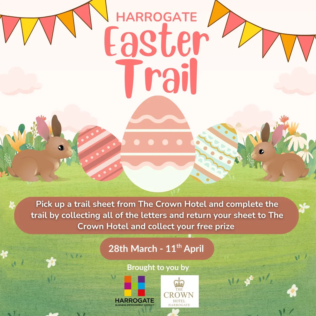 poster in pastel colours for the free easter trail in harrogate in March 2026.