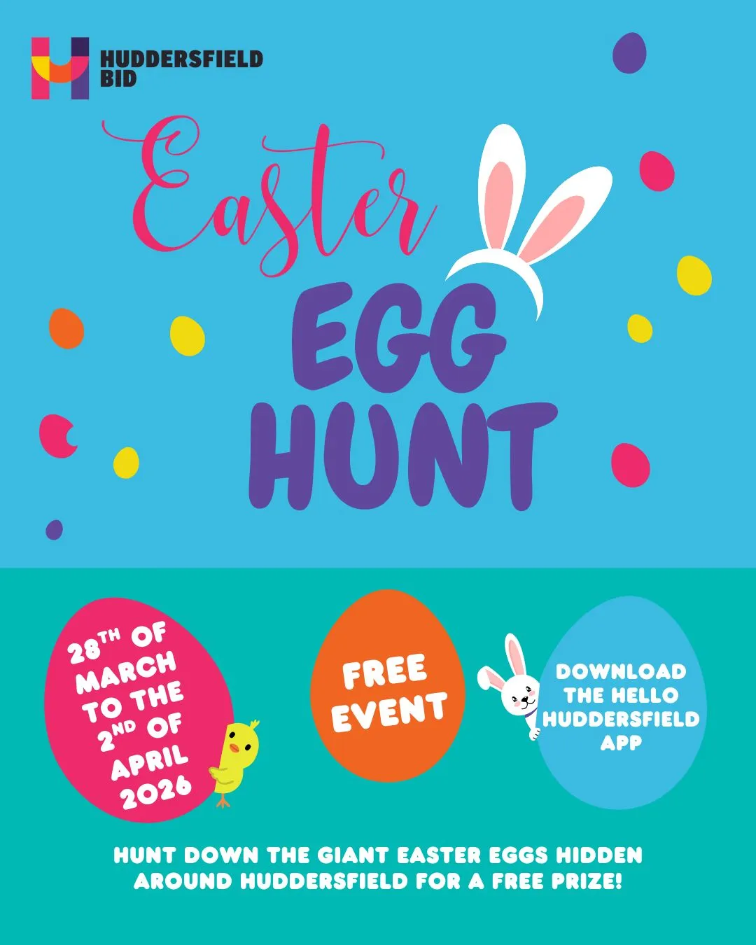 Poster for the free easter egg hunt in Huddersfield over Easter 2026