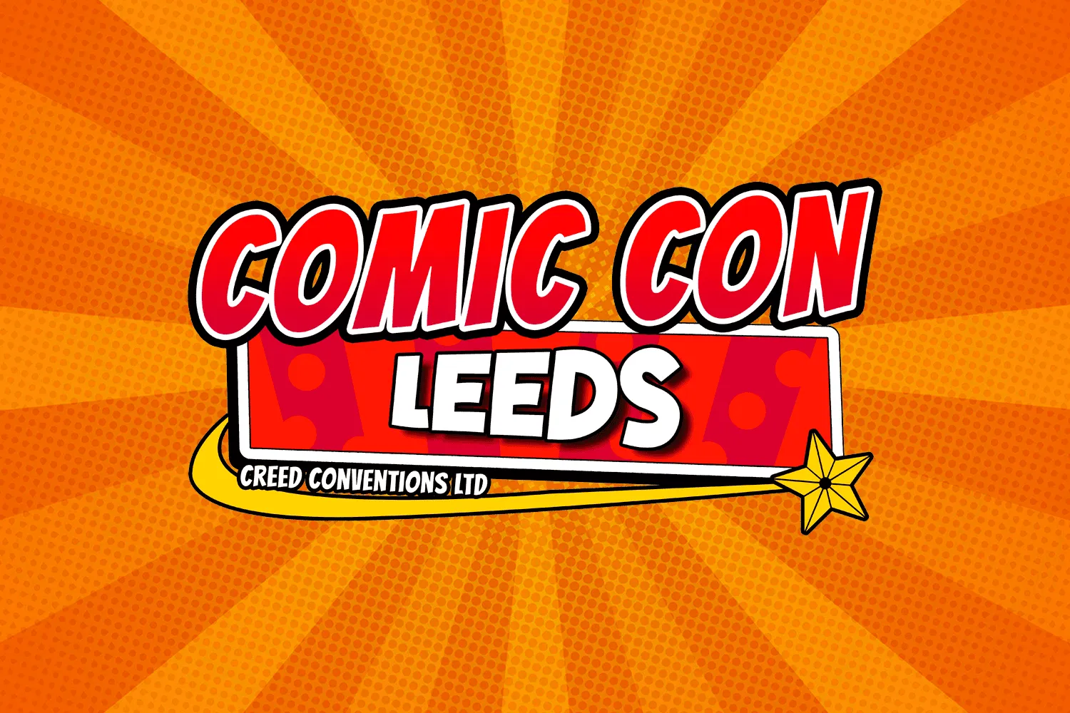 bright orange and red log with comic book stlye text Leeds Comic Con March event in Yorkshire. 