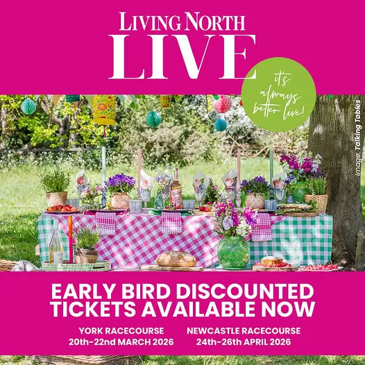 picnic table beneath a tree laden with goodies for outdoor living and deatils of the Living North Live Yorkshire event in March