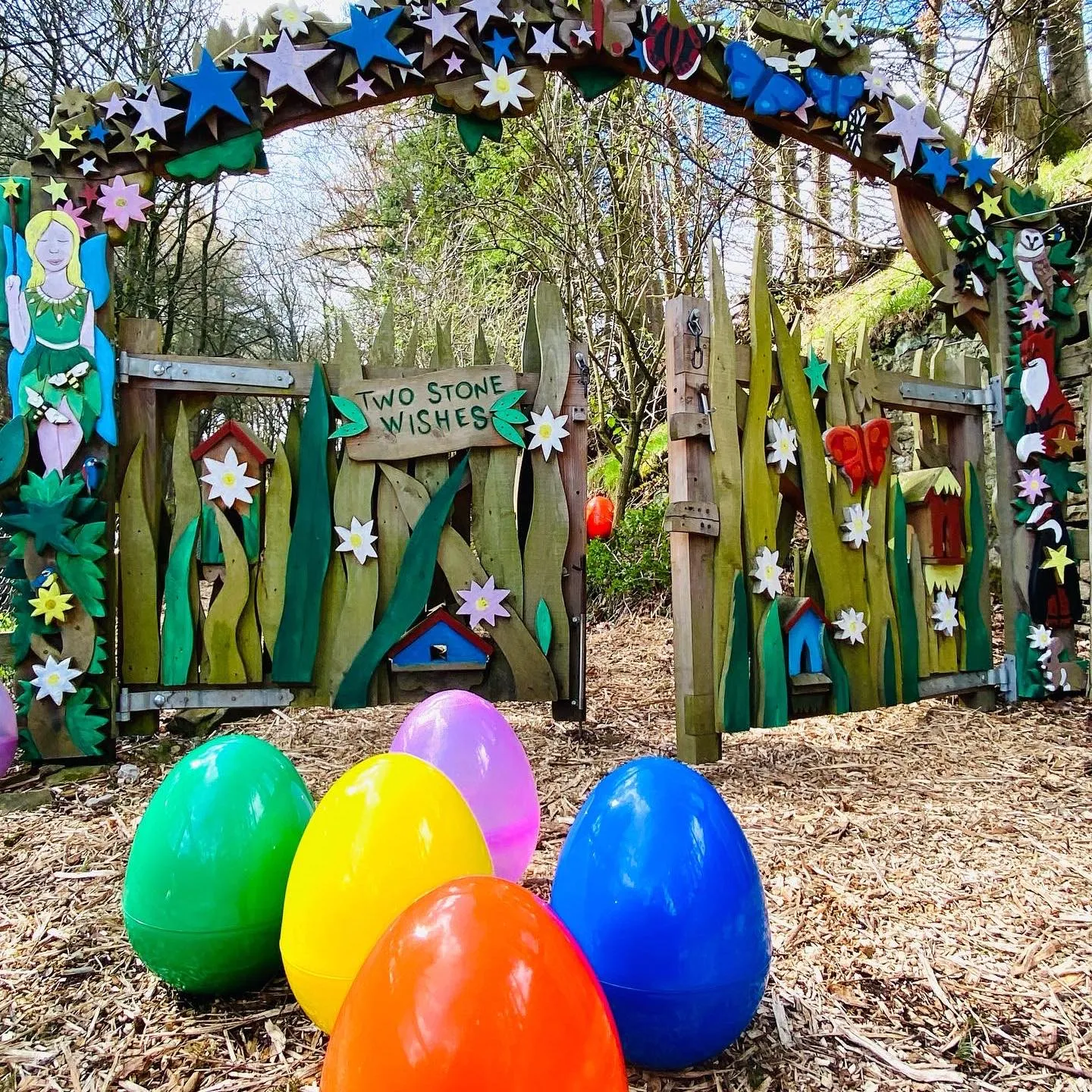 Large brightly coloured eggs at the Studfold Adventure Trail.