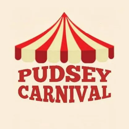 Illustraion, red and white big top tent roof over the words Pudsey Carnival
