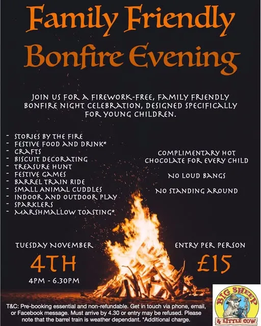 poster for bonfire event with text describing activities and a small image of a bonfire.