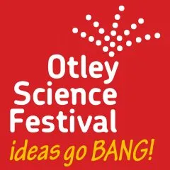 Otley Science Festival logo, yellow text on a red background