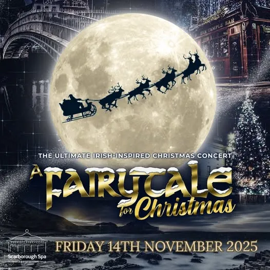 Fairytale of Christmas with sleigh being pulled through the sky in sparkles.