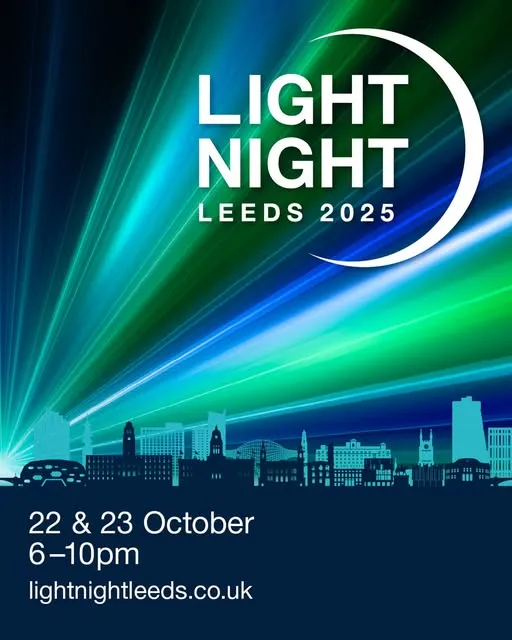 Graphic for Light Night Leeds with blue and green lights projected over a city scape.