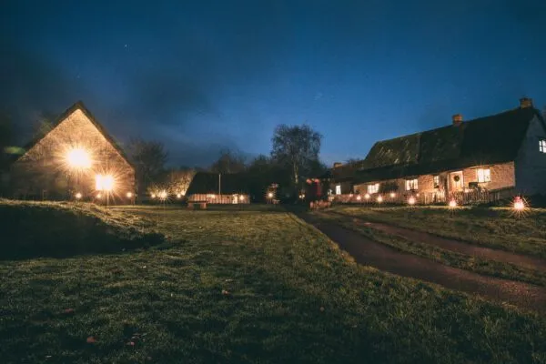 buildings at Ryedale Folk Museum lit up after dark