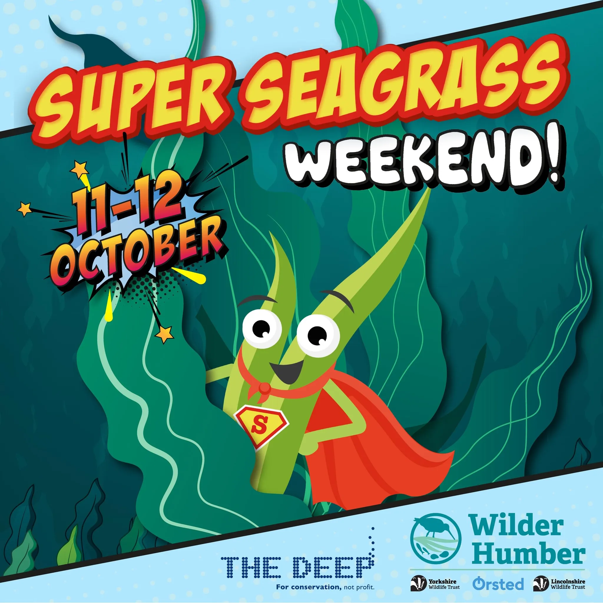 The Deep Supergrass weekend poster with a cartoon superhero seagrass figure